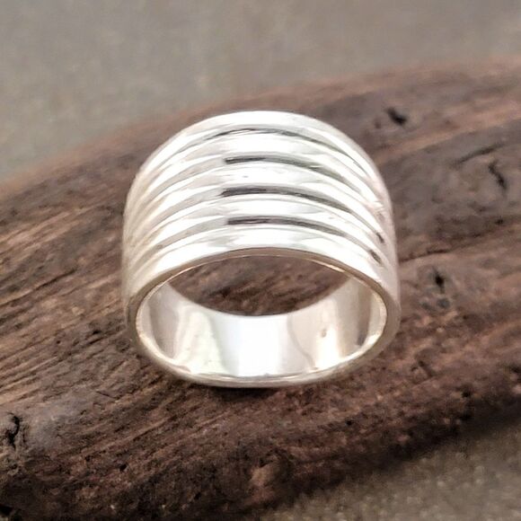 Sterling Extra Wide Contemporary Five Groove Ring Band - Picture 4 of 10